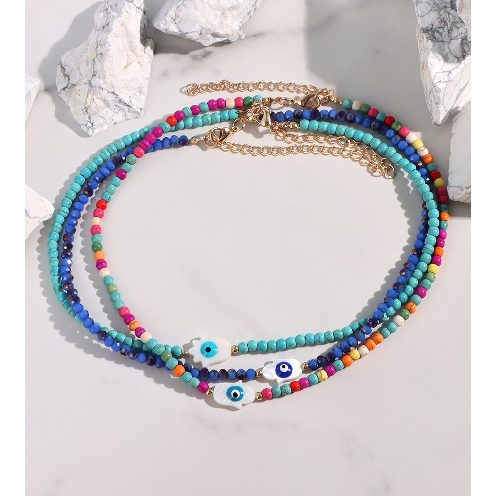 JUST FEEL Evil Eye Beads Chain Necklace For Women Handmade Colorful Beaded Irregular Stone Choker Necklace Trendy Jewelry