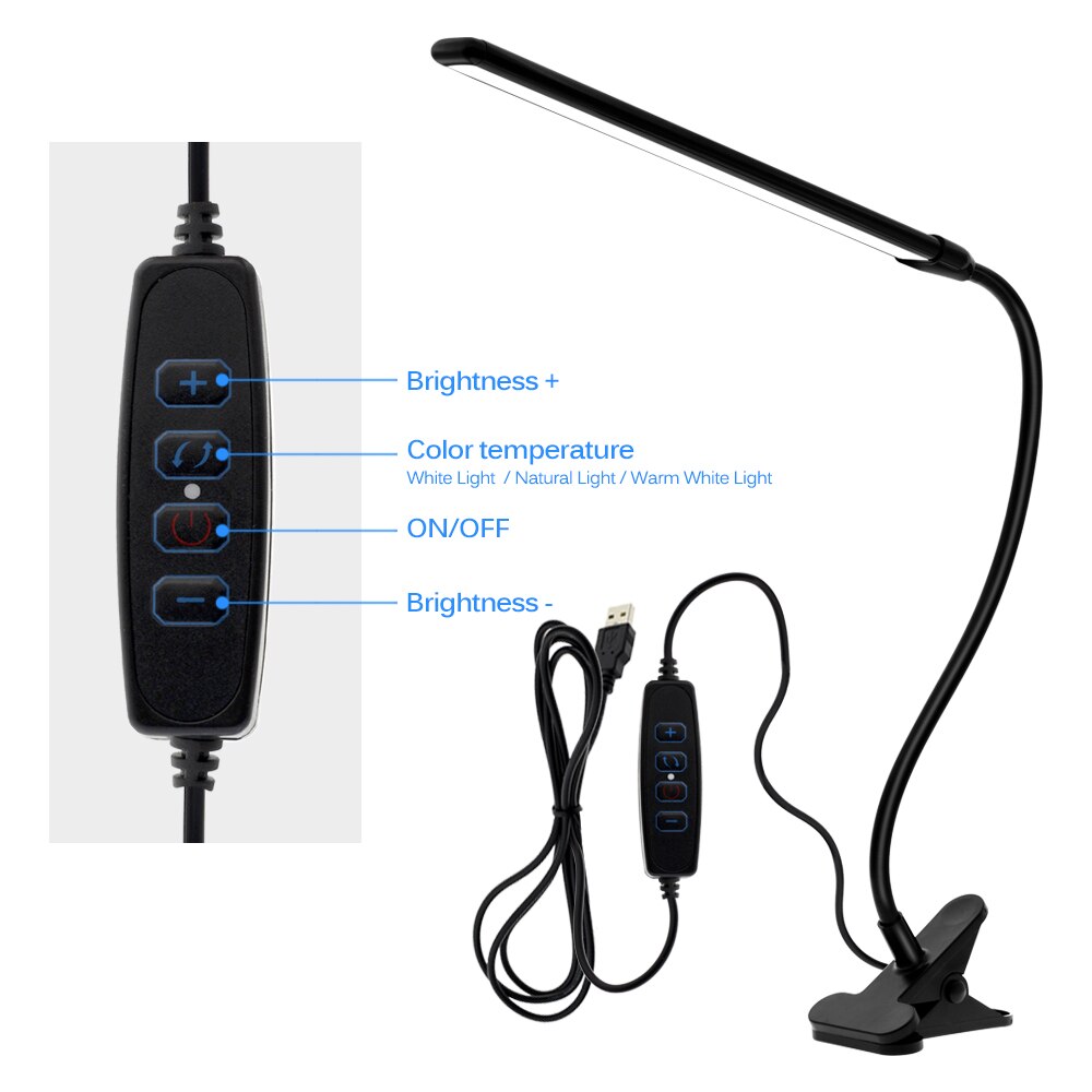ledet skrivebordslampe øyebeskyttet usb bordlampe klips på lys med bryter 9- nivåer lysstyrke &amp; 3- nivåer farger til lesearbeid