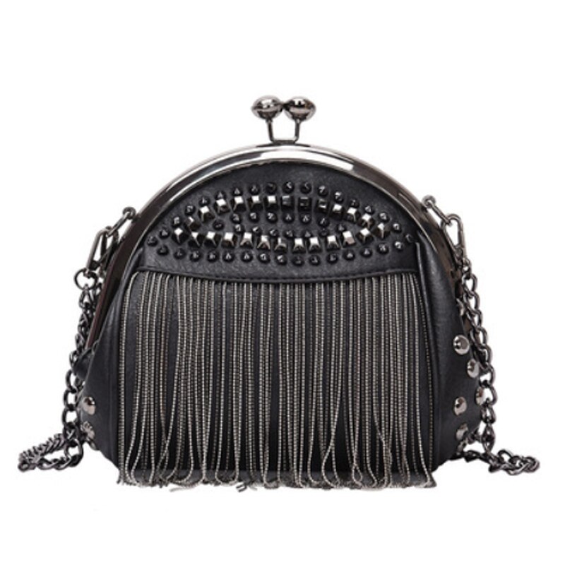 Buylor Black Chains Shoulder Bags for Women Luxury Small Rivet Tassel Cross Body Bag: Default Title