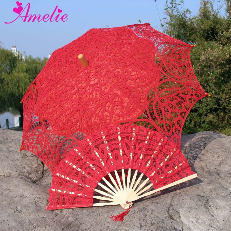 Handgemachte Braut Battenburg Spitze Sonnenschirm und Fan einstellen Hochzeit Braut Regenschirm