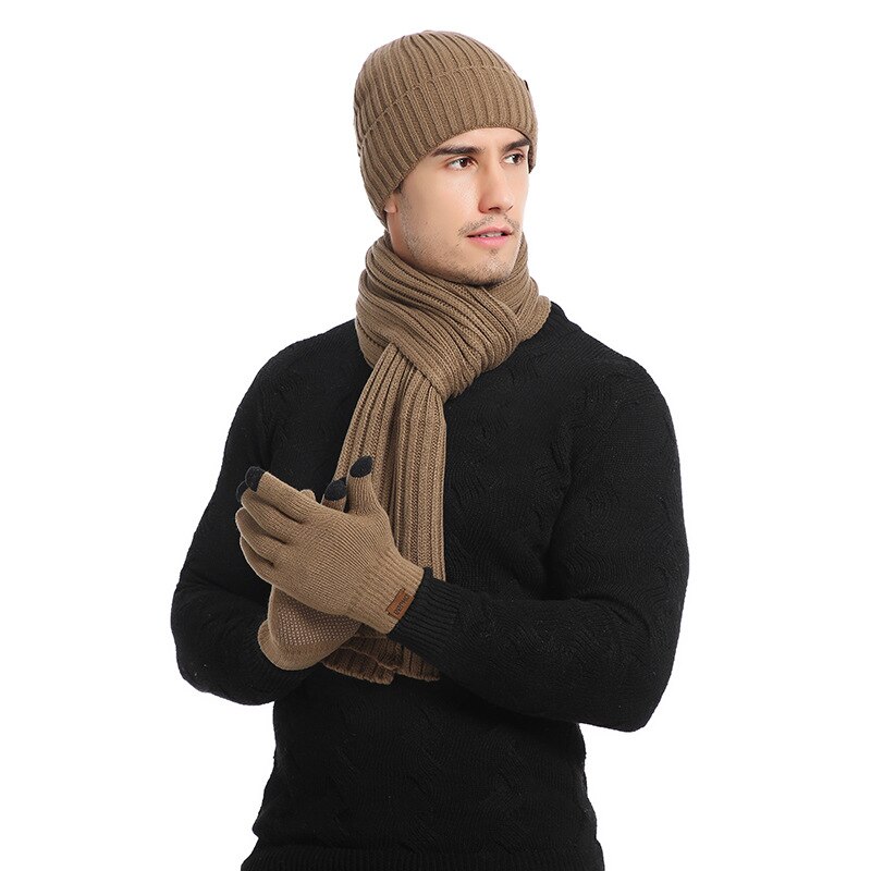 Esportes de inverno correndo quente malha cachecol gorro chapéu e luvas definir masculino macio elástico chapéu cachecol e luvas conjunto