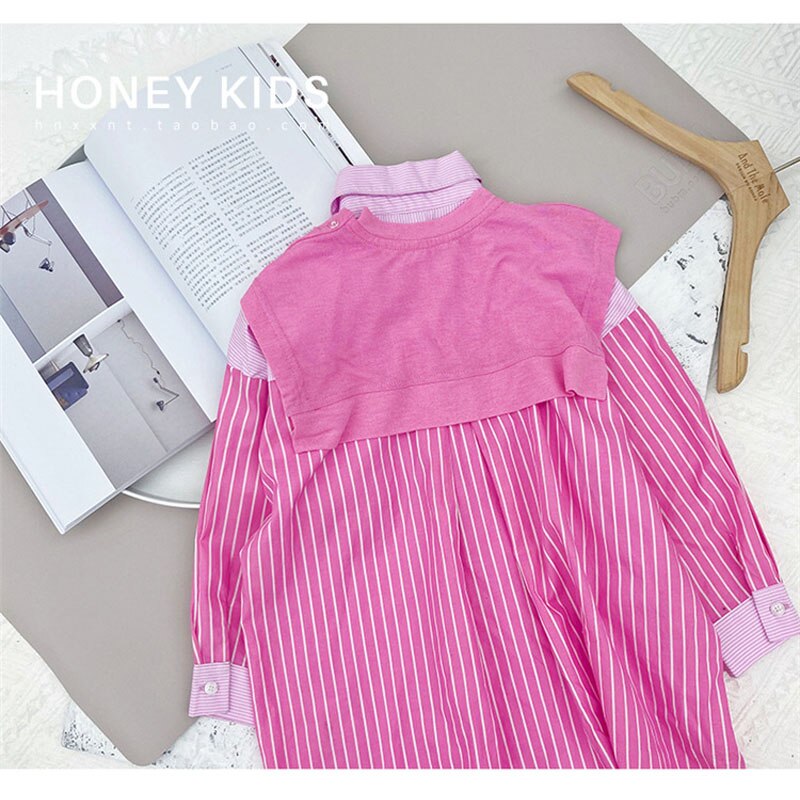Camicie a righe rosa coreane per ragazze adolescenti bambini colletto rovesciato in cotone Patchwork a righe top camicette a maniche lunghe per bambini
