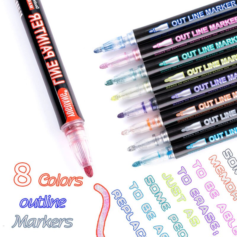 8/12/24 Kleuren Per Set Van Dubbele Lijn Overzicht Pen Dubbele Lijn Pen Droom Kleur Markeerstift Set Metalen kleur Pen
