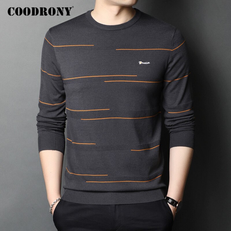 COODRONY Brand Sweater Men Streetwear Striped Pull Homme Autumn Winter Wool Knitwear Pullover Men C1097: Gray / M