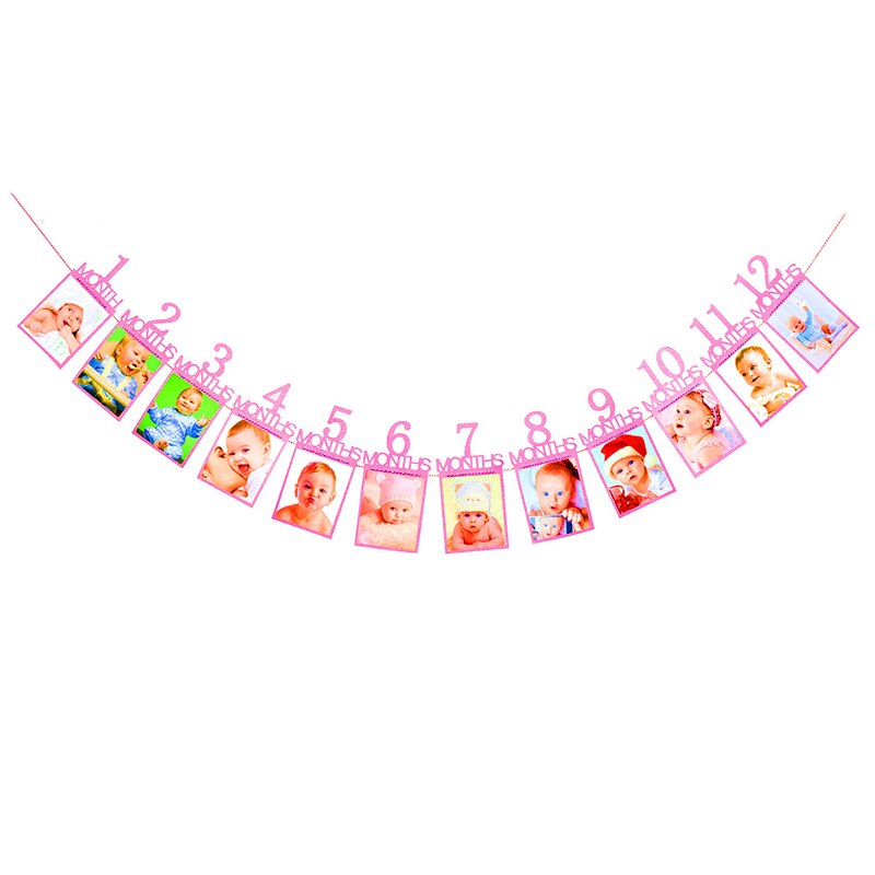 Bbay födelsedag tema fest foto banner dekorationer leksaker 1-12 månader baby foto mapp månatlig foto vägg hem dekoration banner: Rosa