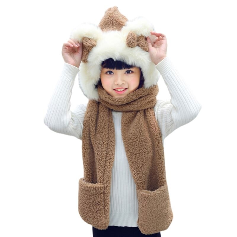 Toddler 3 In 1 Warm Plush Winter Hat Cute Bowknot Bear Ears Kids Scarf Mitten Gloves with Pockets Earflap Hoodie Cap: Khaki