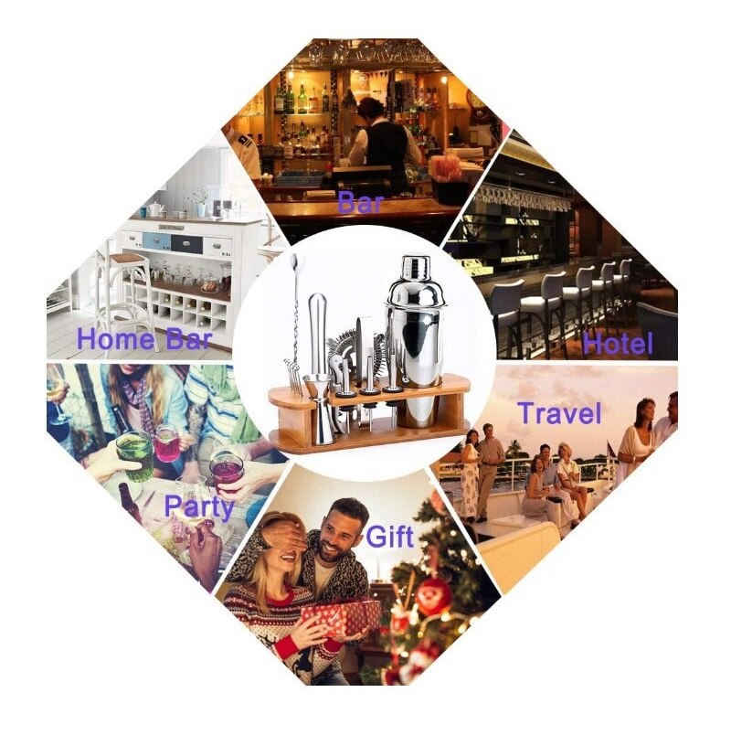 Premium Cocktail Shaker Bartender Kit With Natural Bamboo Stand Cocktail Shaker Set With Highest Bar Tools