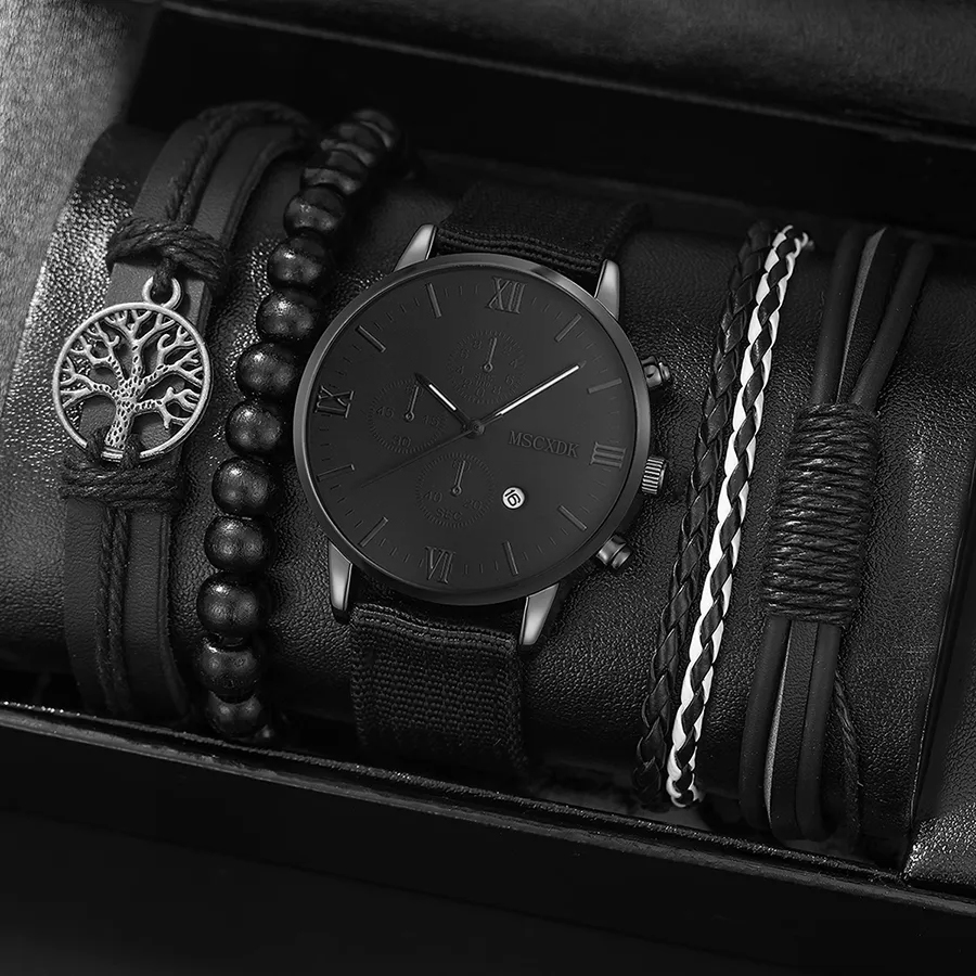 4 stuks quartz horloges armband horloge set voor heren zakelijk mode casual ronde pointer kalender horloge accessoires: Black