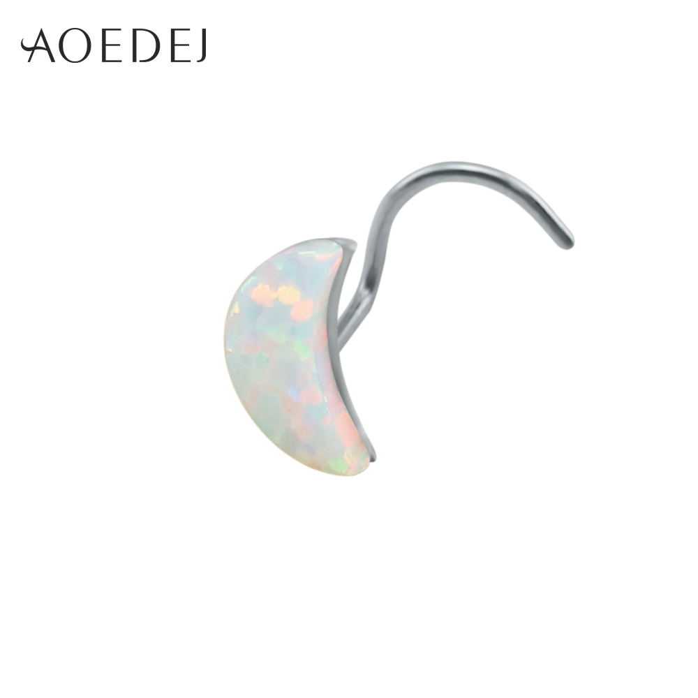 Piercing Nez - Pierre Opale Feuille Lune Bleue - Form L 20g - Bijou Corps Acier Inoxydable: Blanc