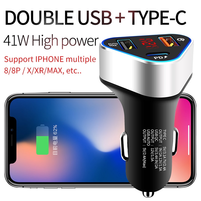 VIKEFON 41W Car Charger Type C PD Fast Charger For iPhone 11 Pro X Max USB C Quick Charge 3.0 SCP AFC For HUAWEI Xiaomi Samsung