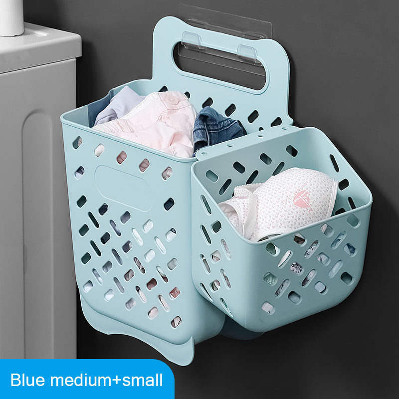 Bathroom Folding Dirty Clothes Storage Basket Laundry Basket Household Wall Hanging Large Portable Punch-Free Put Clothes Bucket: Medium Blue Set