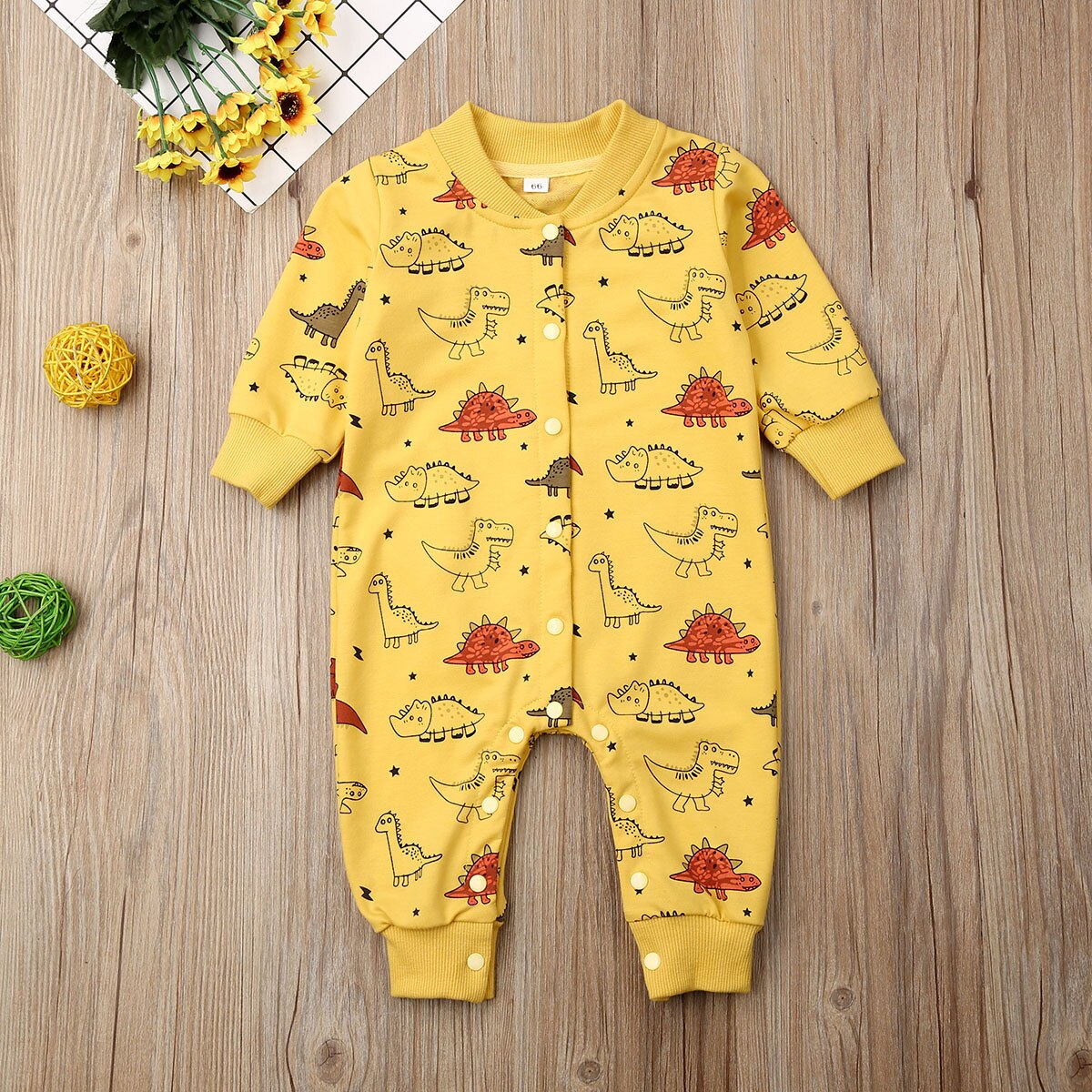 Otoño Casual dibujos animados estampado mamelucos bebé niño niña ropa de abrigo de manga larga dinosaurio mameluco mono de algodón encantador traje: Amarillo / 18 meses