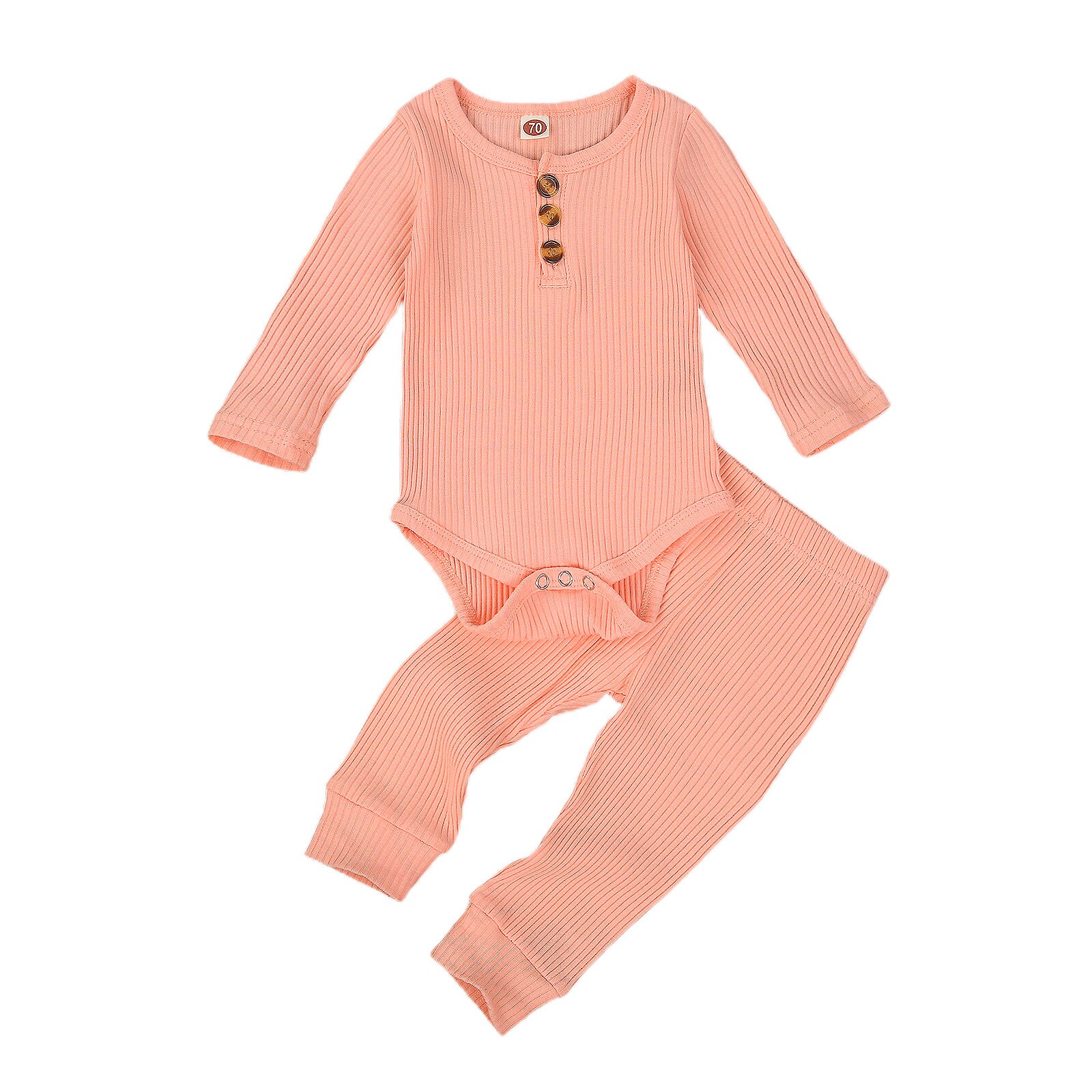 Baby jongens meisjes kleding slaapkleding herfst 2 stuks outfit 0-24m ronde hals knoop lange mouwen romper jumpsuit broek effen set: A / 6m