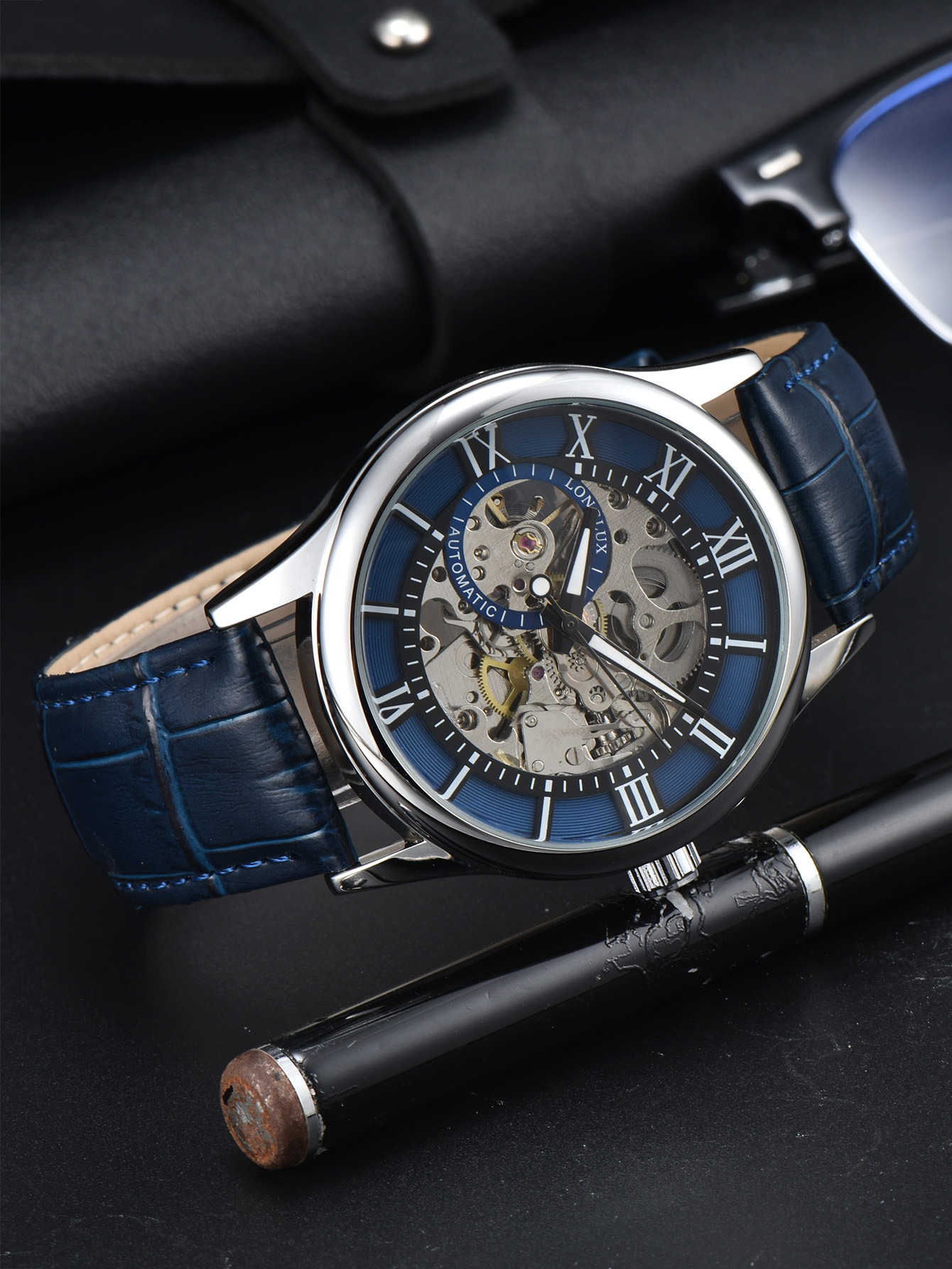 Reloj Automático LONGLUX, , relojes de pulsera mecánicos, reloj de cuero hueco resistente al agua para hombre, para hombre