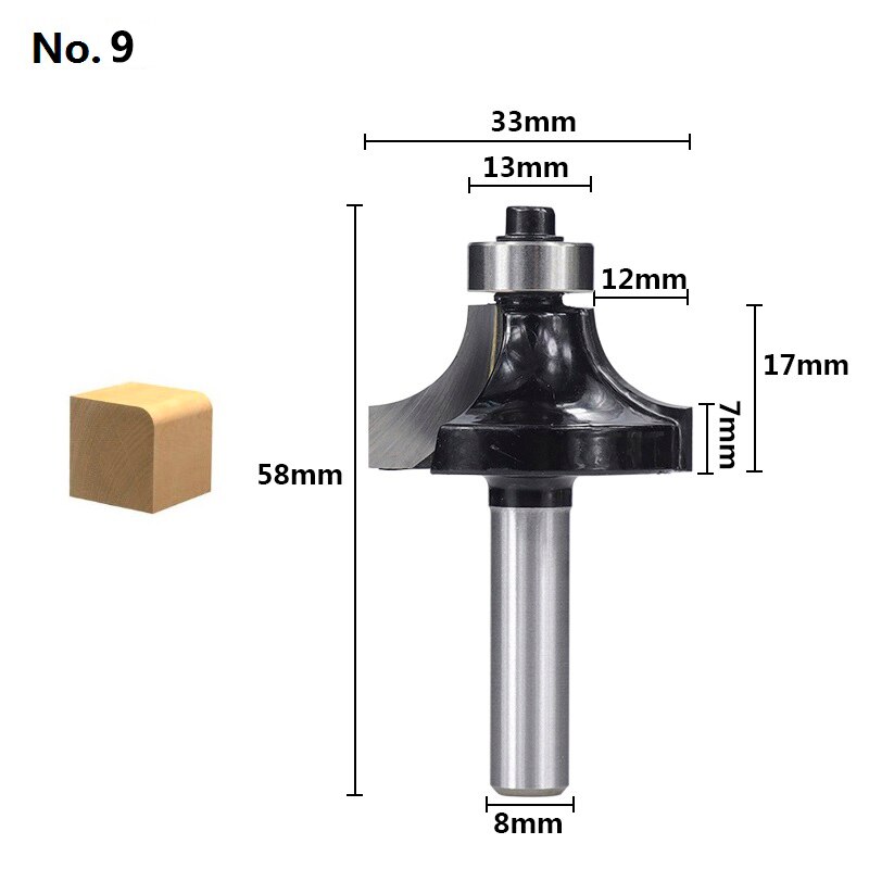 XCAN Corner Round Over Router Bit 8mm Shank Bearing Guide Carbide Milling Cutter Woodworking Tools End Mill: No.9