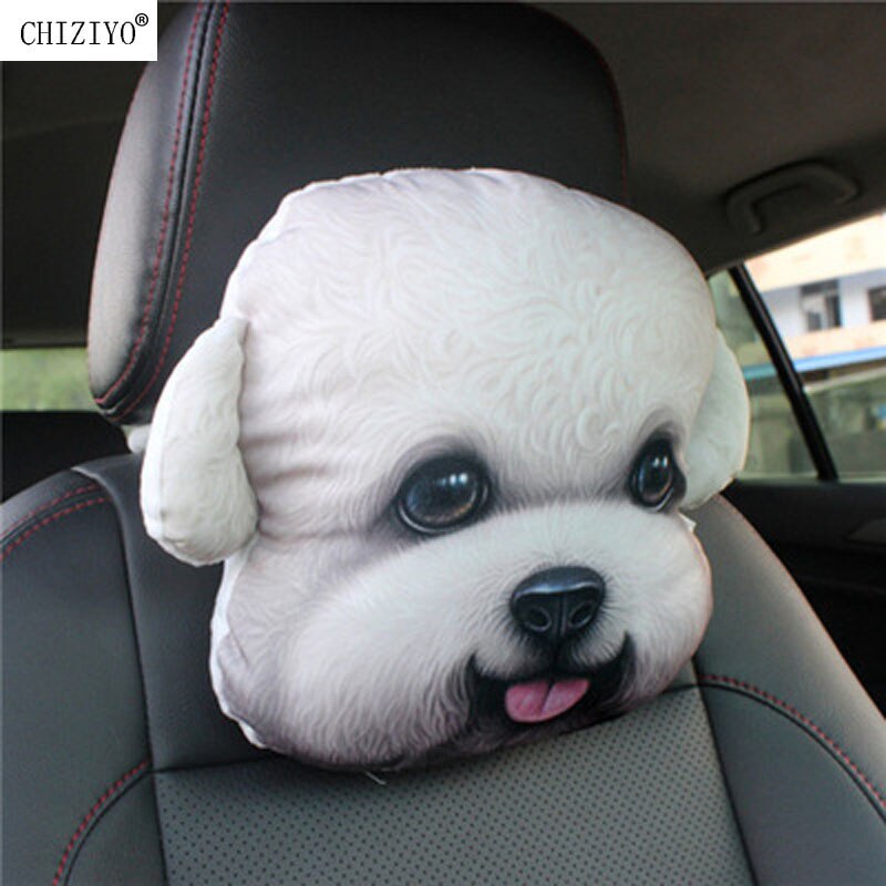 CHIZIYO 1PC 3D Printed Dog Face Auto Car Neck Pillow Seat Head Rest Breathable Cushion Headrest: 2 With Filler