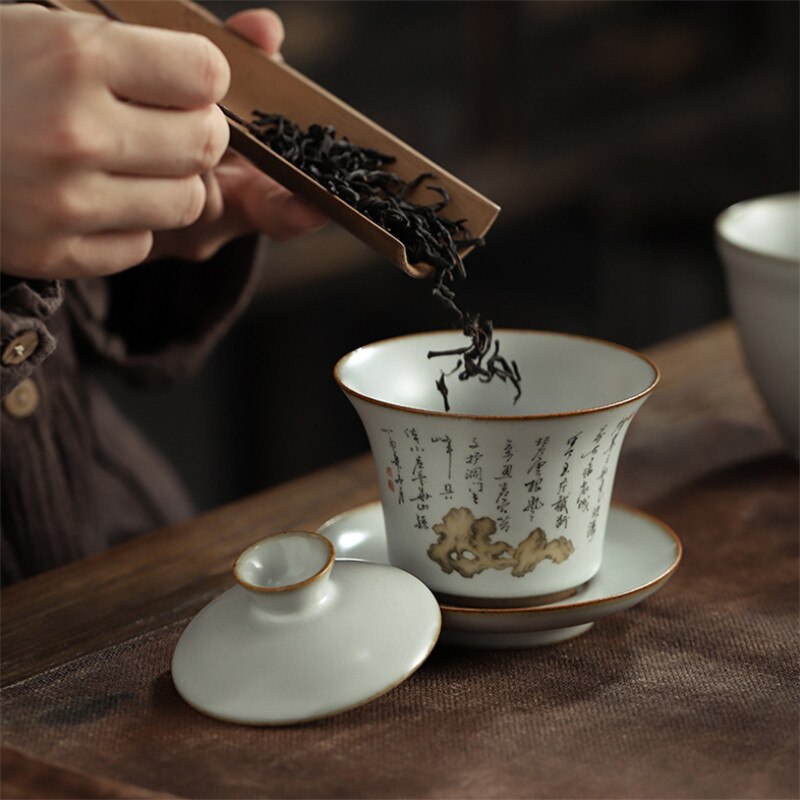 Large Jingdezhen Kiln Retro Ceramic Hand-painted Persimmon Kung Fu Gaiwan Handmade Porcelain Tea Tureen Office Tea Cup Drinkware