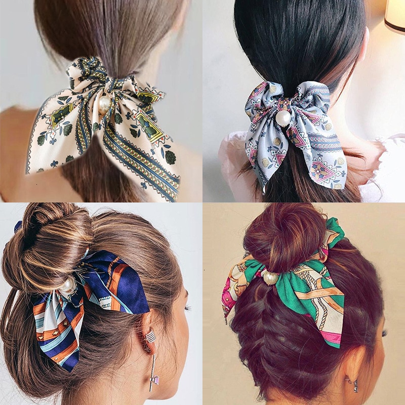 Diadema de gasa con nudo de arco elástico para mujer y niña, bandanas con perlas, lazos para el pelo, coletero, accesorios para el cabello