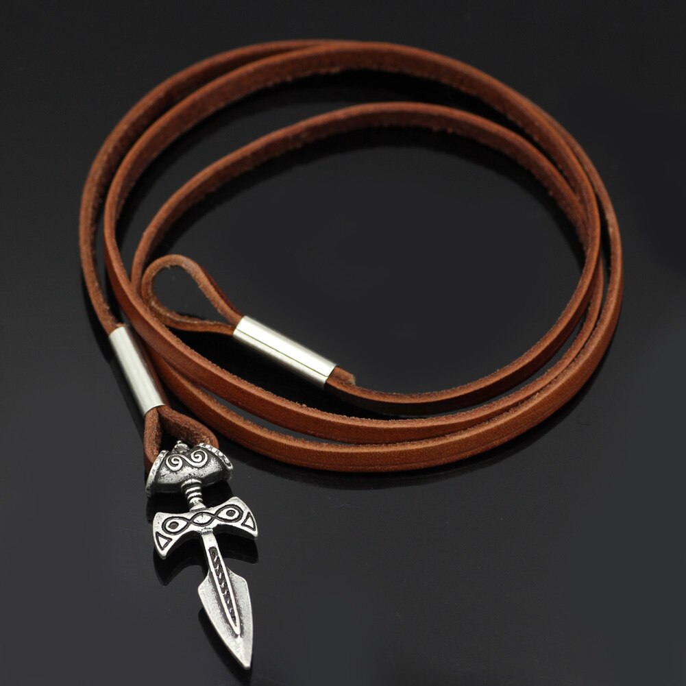 Amulette de Talos Viking en argent, en cuir marron, faite à la main