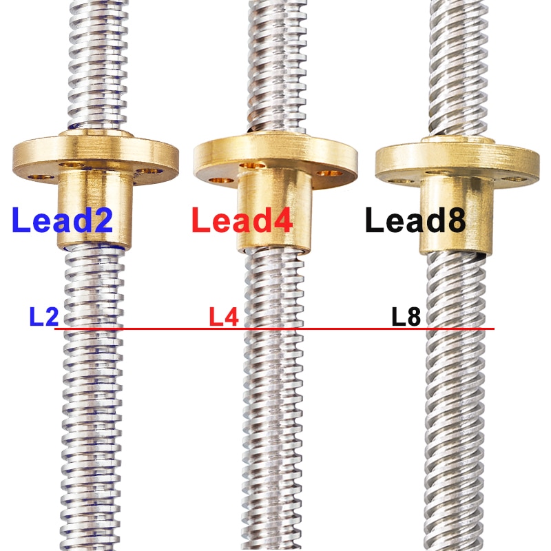 T8 Lead Screw OD 8mm Pitch 2mm Lead 4mm Length 300mm 400mm 500mm Threaded Rods with Brass Nut for Reprap 3D Printer Z Axis