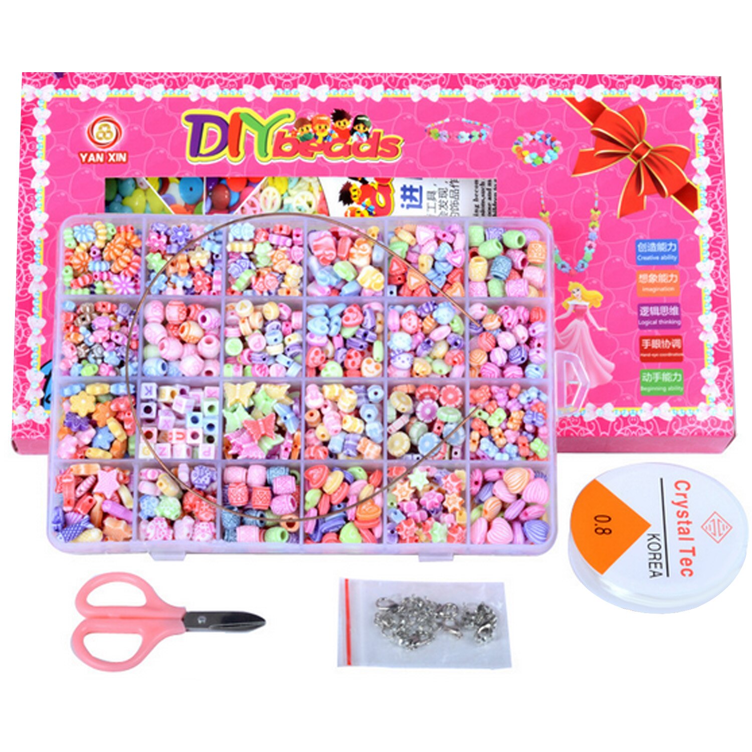 Besegad 1000 stk fargerike morsomme smykker gjør-det-selv perler sett med saks elastisk tau åpne ringer hummerspenner manuelle leker for barn