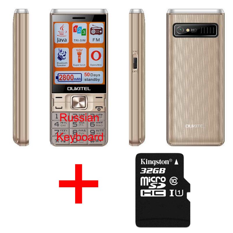 Oukitel L2801 Senior Mobiele Telefoon Gsm Fm Supter Torch Drie Triple Sim-kaart Java Lange Standby Russische Toetsenbord Micro sd MP3: Gold 32GB RU