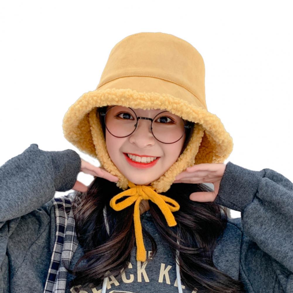 Women Hat Ear Flap Lace Up Bucket Hat Wide Brim Women Solid Color Cashmere Lined Fisherman Cap for Autumn Winter: Yellow