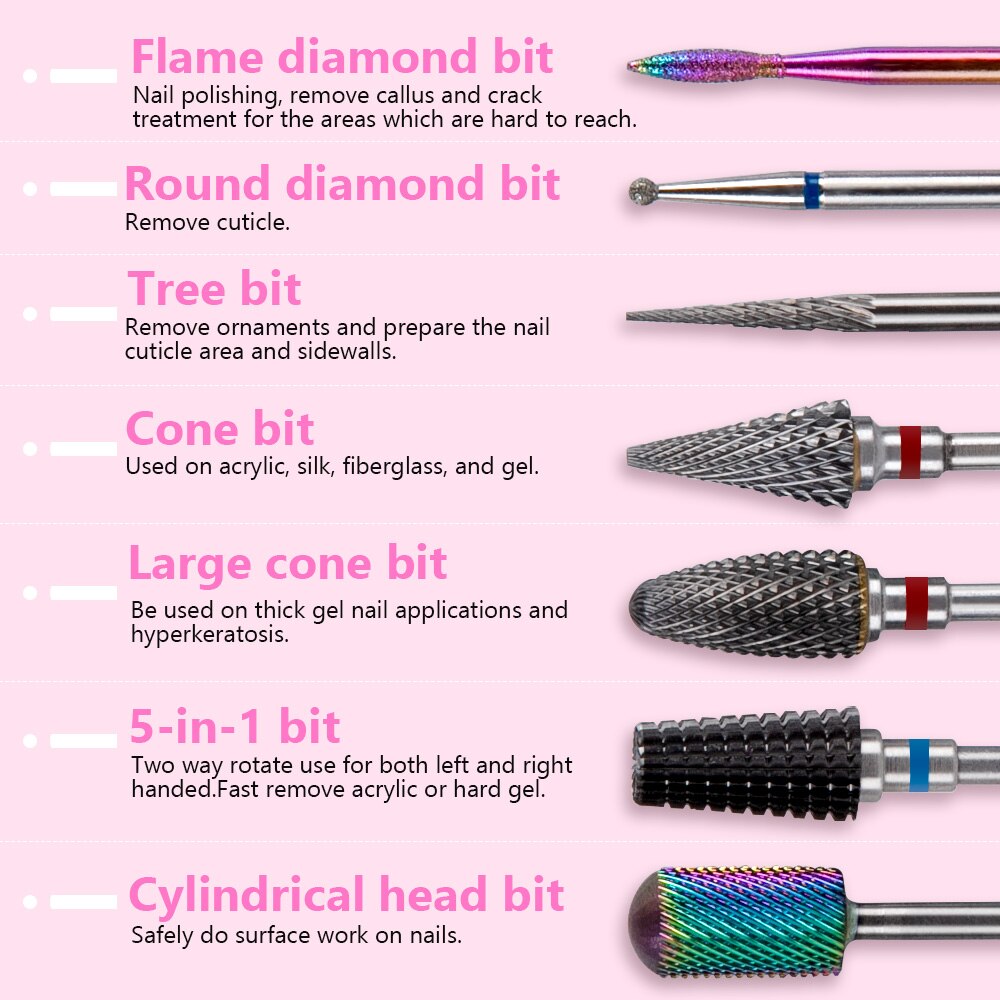 Nagel Boor Set 7Pcs Voor Acryl Nagels 3/32 Elektrische Nail Bit Set Professionele Nagels Supply Carbide Nail Drill bits Voor Gel