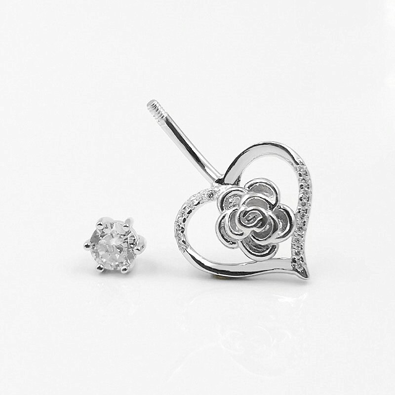 Heart Rose Navel Ring - 925 Sterling Silver - Body Jewelry - Pin Length 6/8/10mm: 8mm