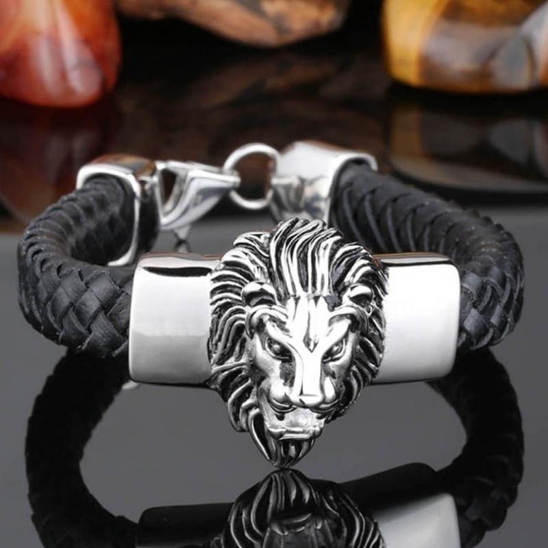 Overdrijving Rvs Ketting Gouden Leeuwenkop Punk Armband Voor Mannen Sieraden
