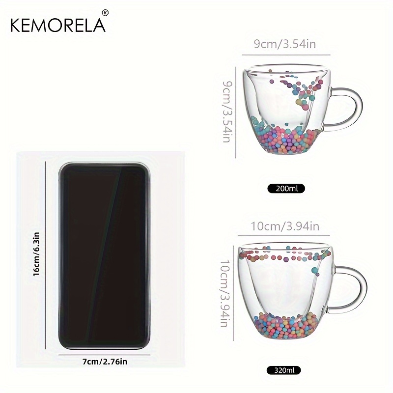 KEMORELA 1PCS Dubbelwandige Helder Glazen Koffiemok met Handvat Liefde Vorm Gekleurde Ballen voor Espresso Helder glazen Beker
