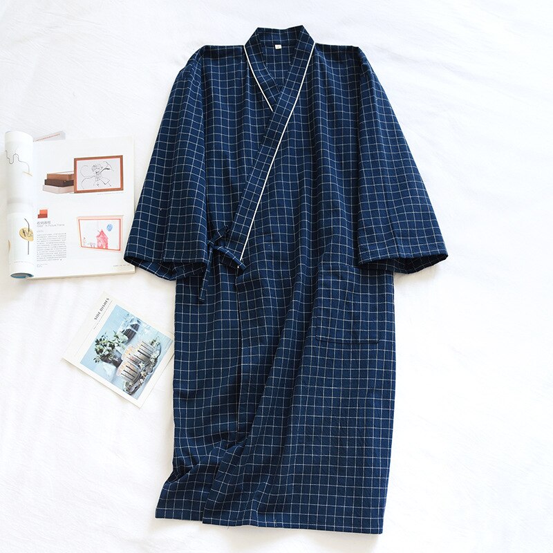 Bata de baño de algodón 100% para hombre, Kimono de estilo japonés, a cuadros, de gasa, suelta, ropa de dormir humeante