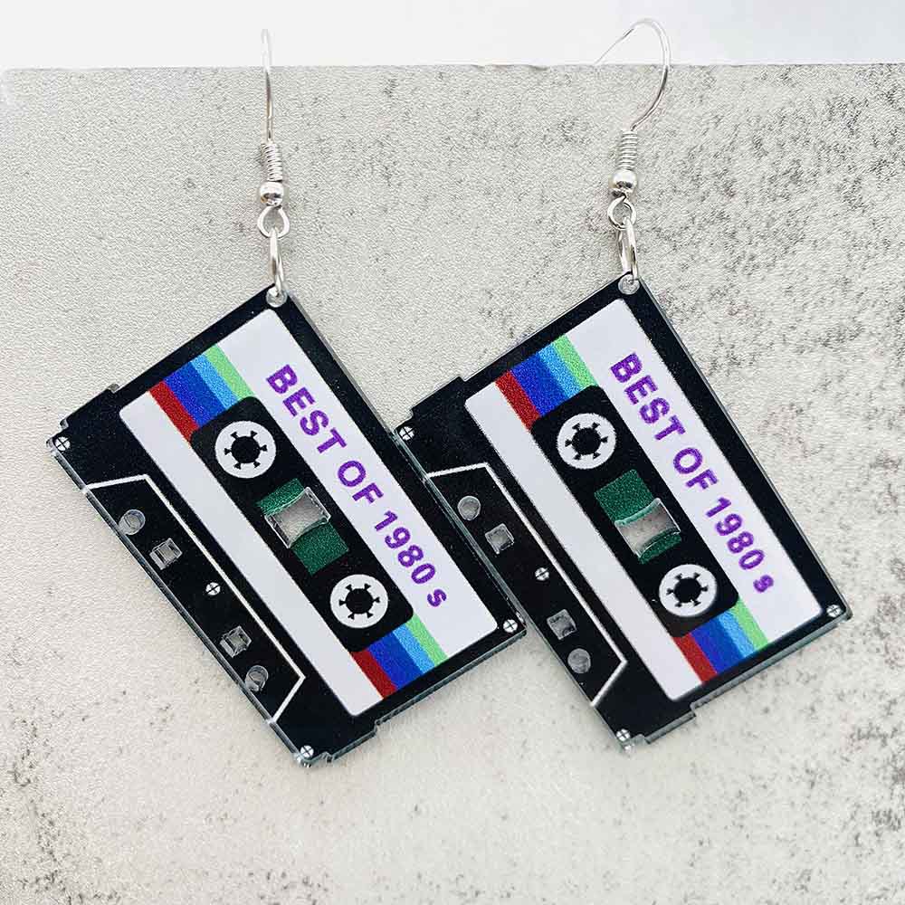 Pendientes de registro de película con cinta de casete de estilo Vintage, pendientes para entusiastas de la música, color blanco y negro, para entusiastas de la música navideña: Zinc negro plateado