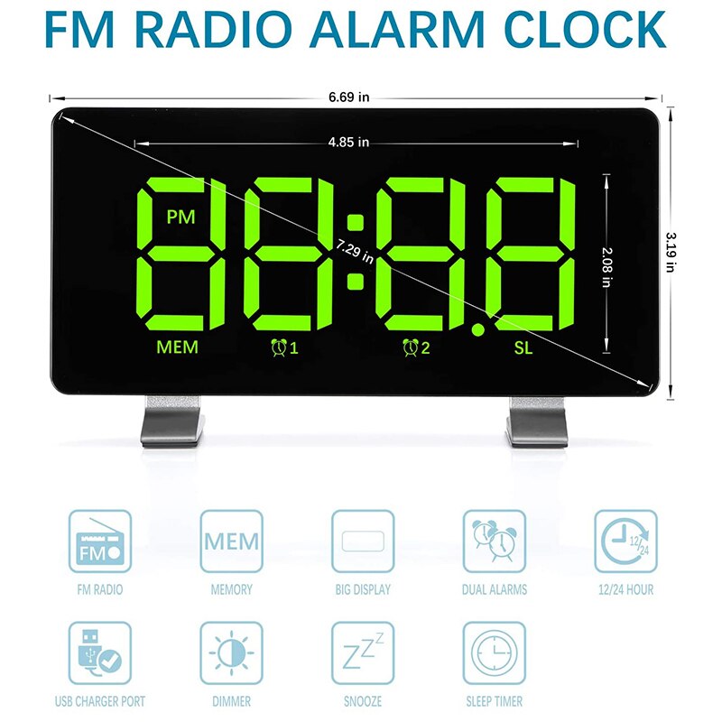 Alarm Clocks for Bedrooms with FM Radio, Dual Alarms, 6.7Inch LED Sn, USB Port for Charging, 4 Brightness, 12/24H