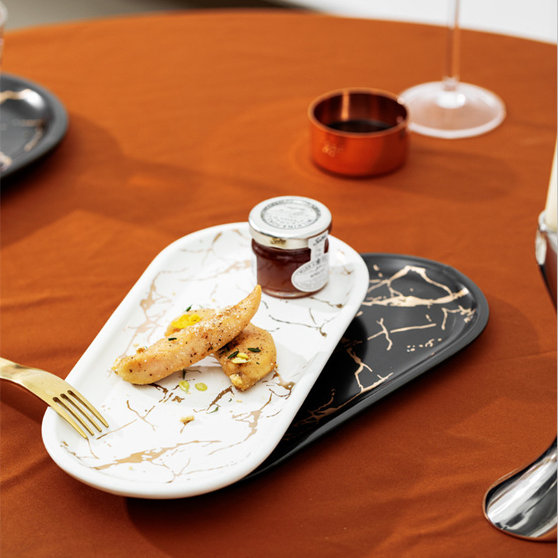 Nordic Style Ceramic Marbled Black Gold Oval Rectangular Plate Simple Beautiful Western Dinner Plate Kitchen Sushi Snack Trays