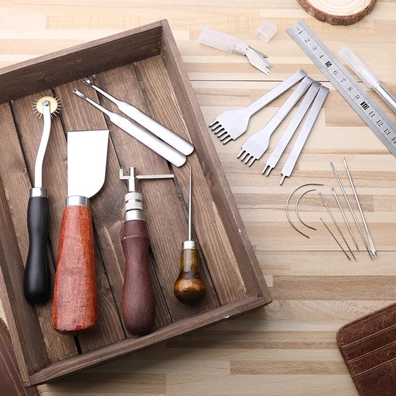 Leathercraft Tool Sets With Hand Sewing Stitching Punch Carving Tools And Other Leather Working Accessories For Belt