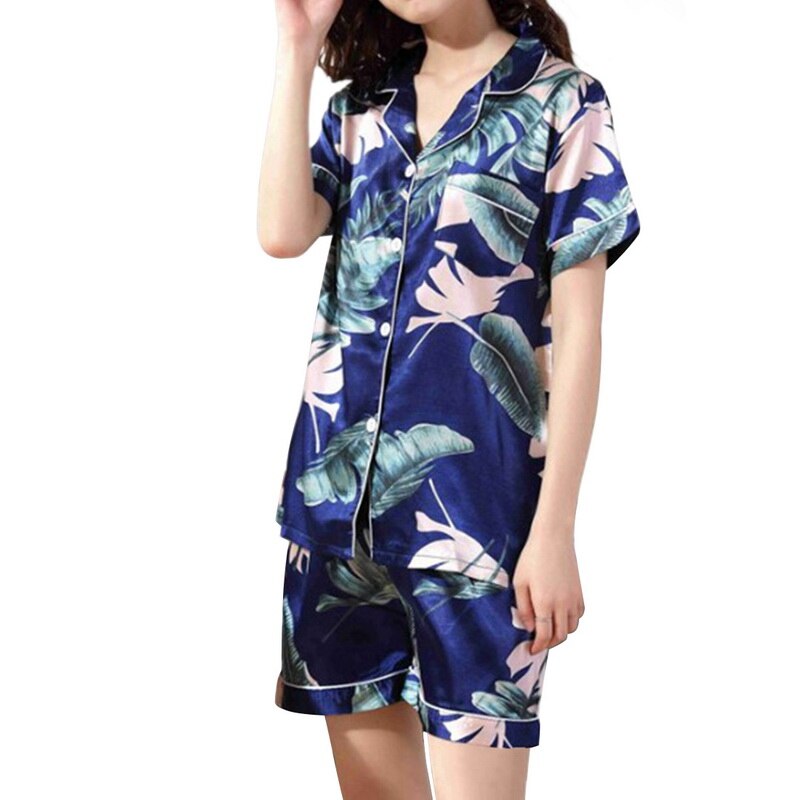 Women Summer Comfortable Lapel Button Short Sleeve Shorts Pajamas Suit Two Piece Home Suit: A / M
