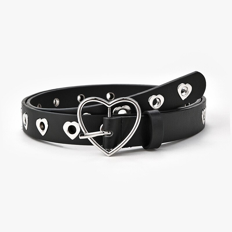 Cinturones de cadena Punk para mujer, banda para vaqueros con ojales con doble fila ajustable, cinturones decorativos: Heart Black