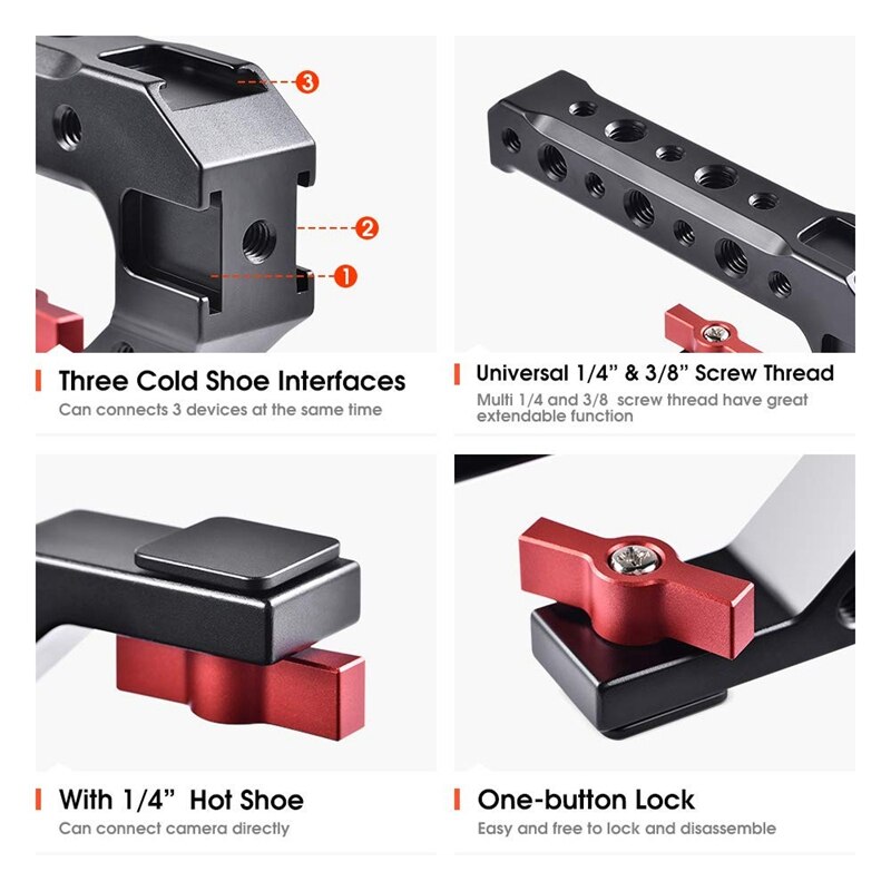 Jabs Universele Dslr Camera Rig Hand Grip Camera Top Koude Schoen Mount 1/4 Inch &amp; 3/8 Inch Gaten Aluminium camera Handvat