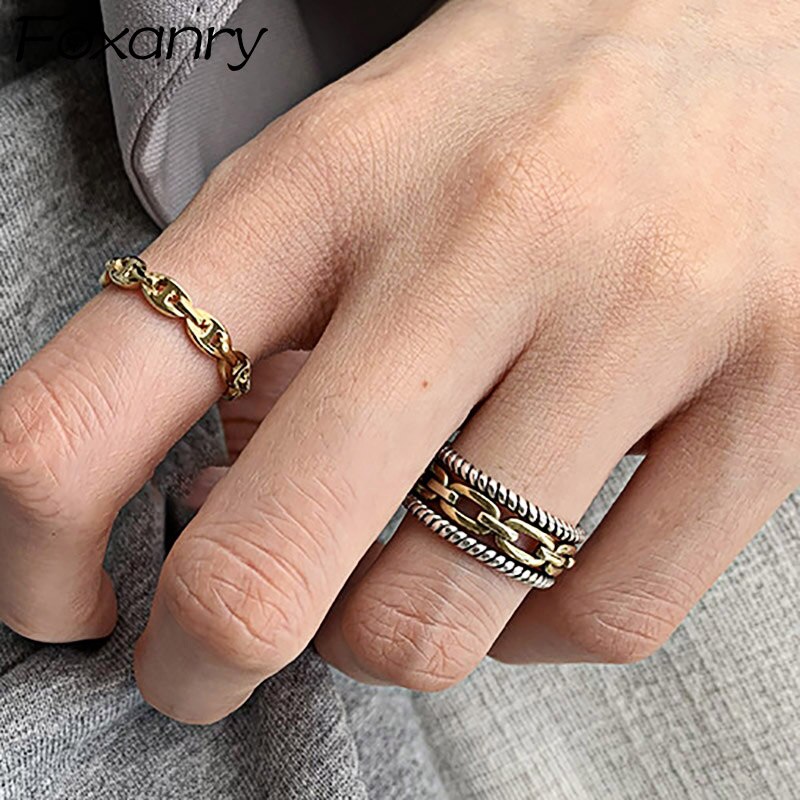 Foxanry 925 Sterling Silver Width Rings for Women Trendy Vintage Multilayer Geometric Chain Party Finger Jewelry