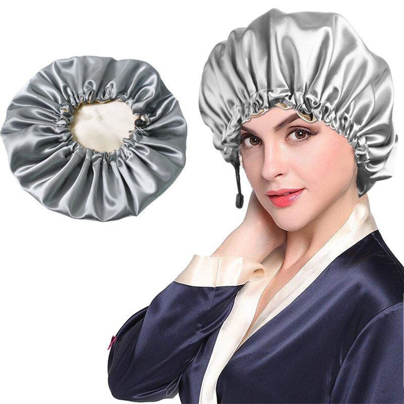 Big Size Satin Silk Bonnet Sleep Night Cap Head Cover Bonnet Hat For Curly Springy Hair: Grey as shown