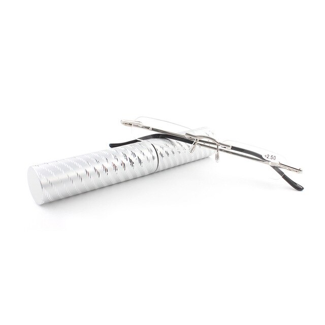 Kan Bloem Mini Draagbare Leesbril Kleine Metalen Randloze Verziend Brillen Met Pen Tube Case Mini Lezen Brillen + 3.5 + 4: +100