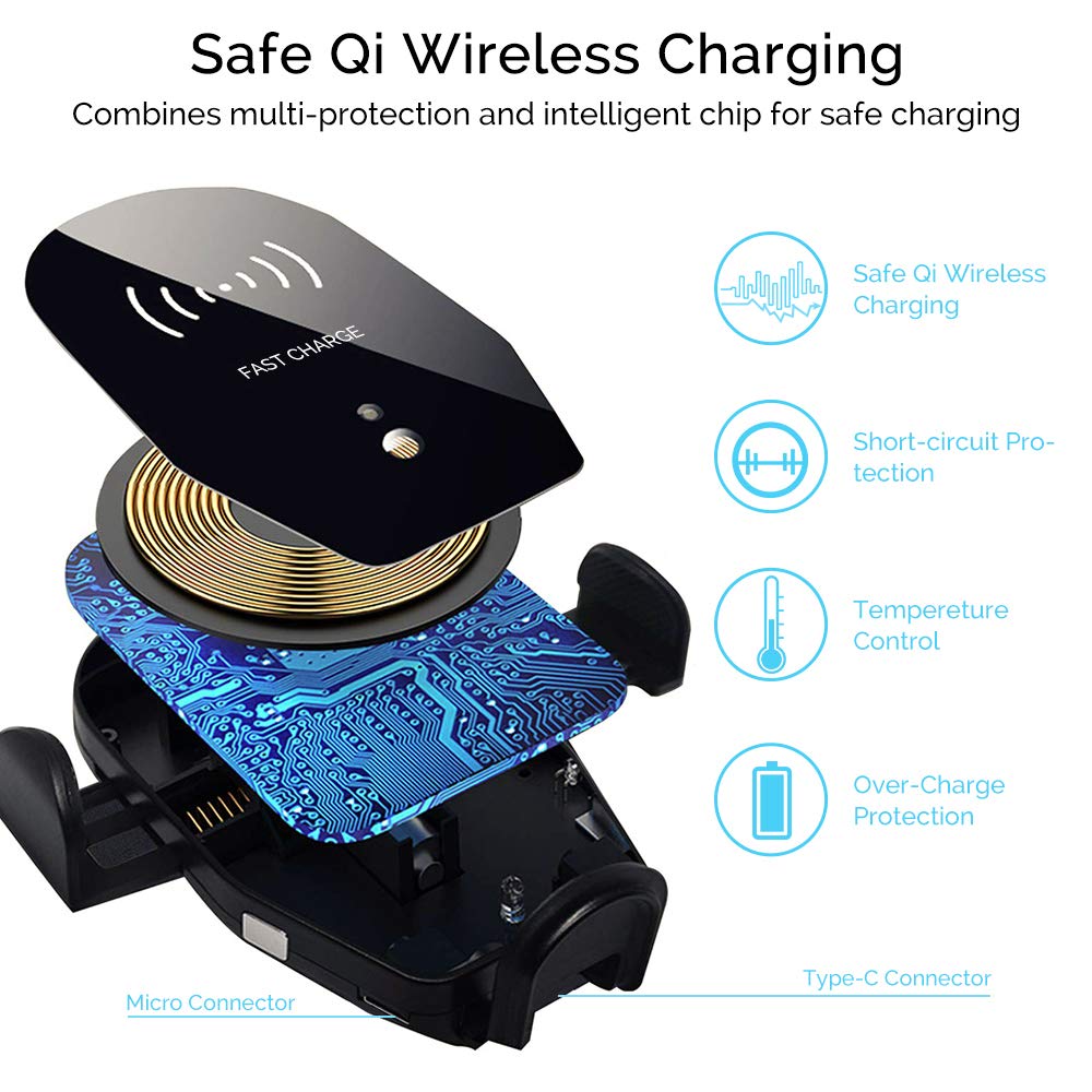 Auto-Clamping 10W Qi Fast Wireless Car Charger for Blackview BV9900 BV9800 BV9700 BV9600 BV5800 BV9600 Plus BV6800 Pro Holder