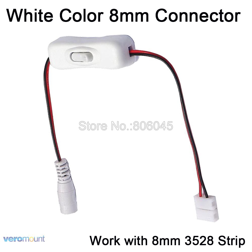 ON/OFF Switch with Female Power Cable DC 5.5x2.1mm & 8mm / 10mm Easy Solderless Snap Connector for 12V 24V LED Strip Light: White 8mm