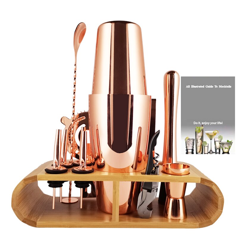 1-13Piece Rose Gold Black Cocktail Shaker Set Bar Tool Cocktailshaker with Stand Mixer Jigger Gold Metal Boston Bartending Kit: 12Pcs M Shaker Stand