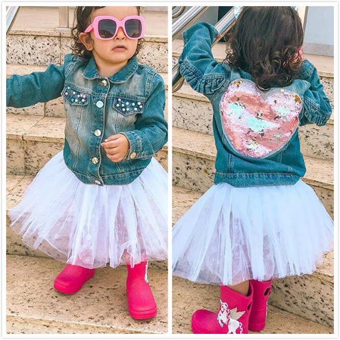 Mode Kinderen Baby Meisje Pailletten Hart Denim Jeans Jassen Herfst Lente Bovenkleding Kind Meisje Lange Mouw Kralen Zakken Jacket