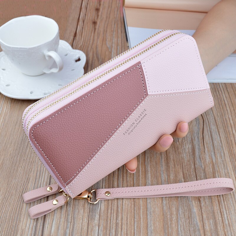 Women Zipper PU Leather Wallet Large Capacity Casual Simple Patchwork Waterproof Lady Wrist Band Handbag Card Phone Bag: Pink