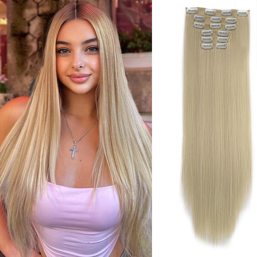 Grampo em extensões de cabelo sintético 24 Polegada longo invisível natural em linha reta 6 pçs grosso sem costura clipe em extensões de cabelo para mulher