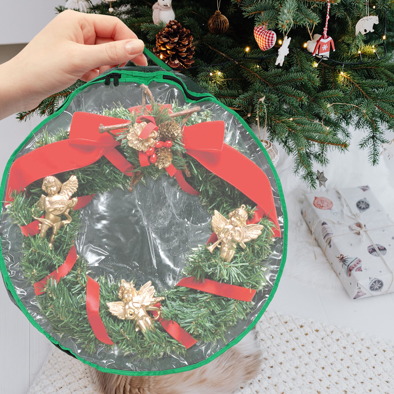 1pc Christmas Wreath Storage Bag Wreath Storage Container Party Decor with Clear Wreath visual window storage bag