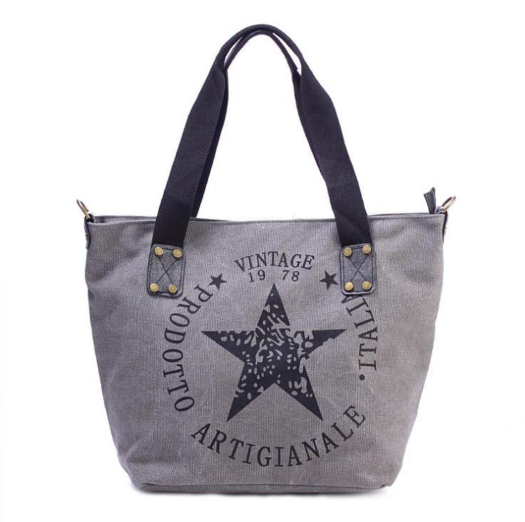 canvas women shoulder bag Large capacity casual Tote Pentagram printing handbags vintage style women bag: Gray